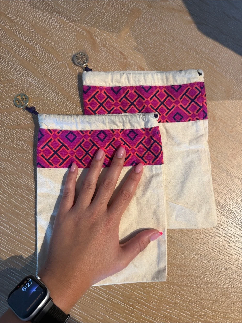 Set of 2 Tory Burch - small Canvas Drawstring Pouches with Pink Geometric Trim